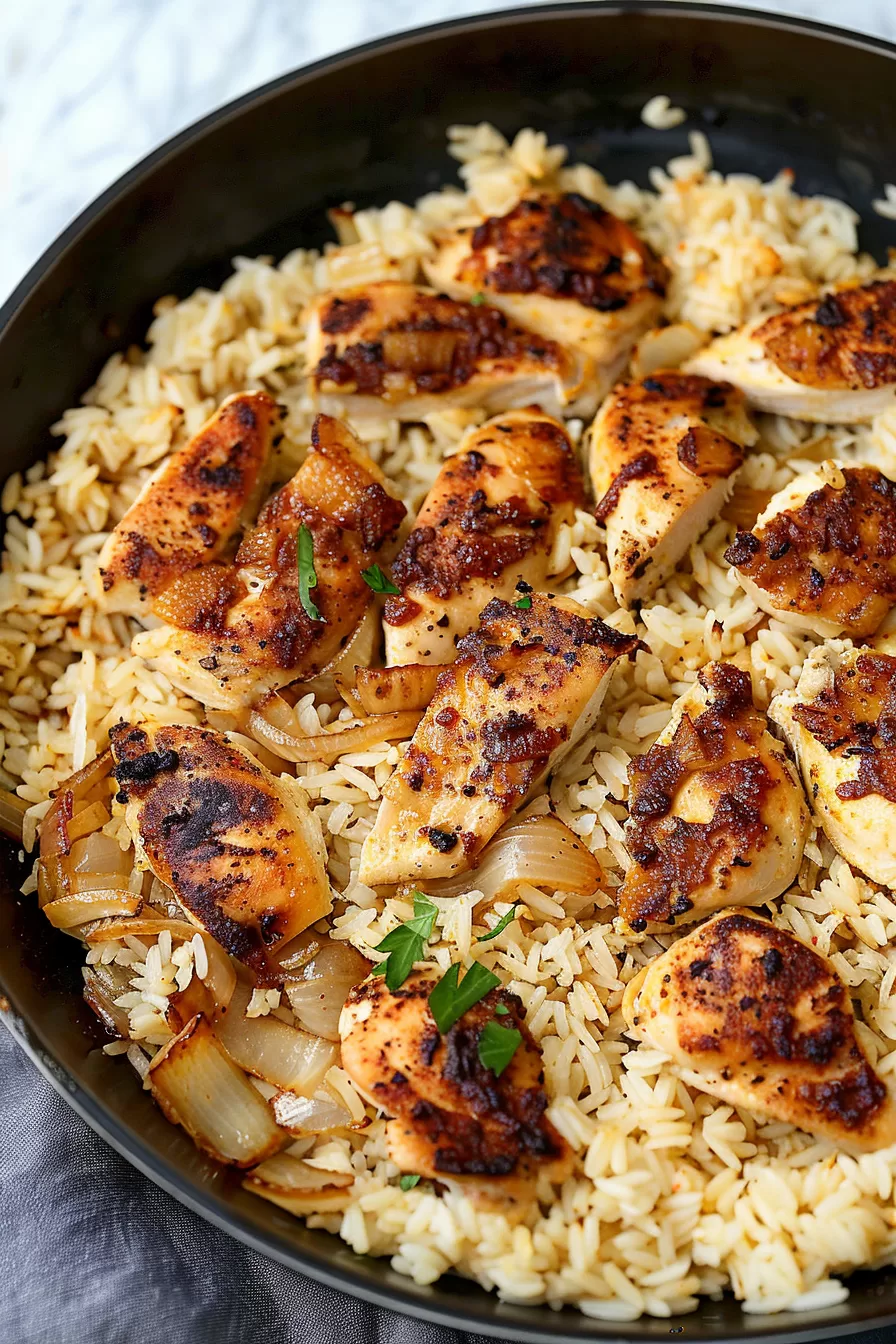 Chicken and rice skillet dish featuring crispy chicken pieces, cheesy garlic rice, and a light dusting of grated parmesan for extra flavor.