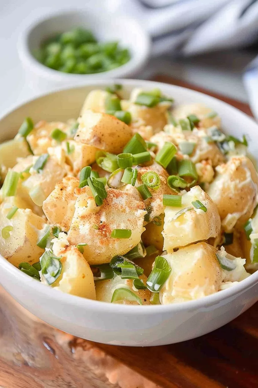 Southern-style potato salad with chunks of yellow potatoes, a creamy dressing, and fresh herbs, placed on a wooden table.