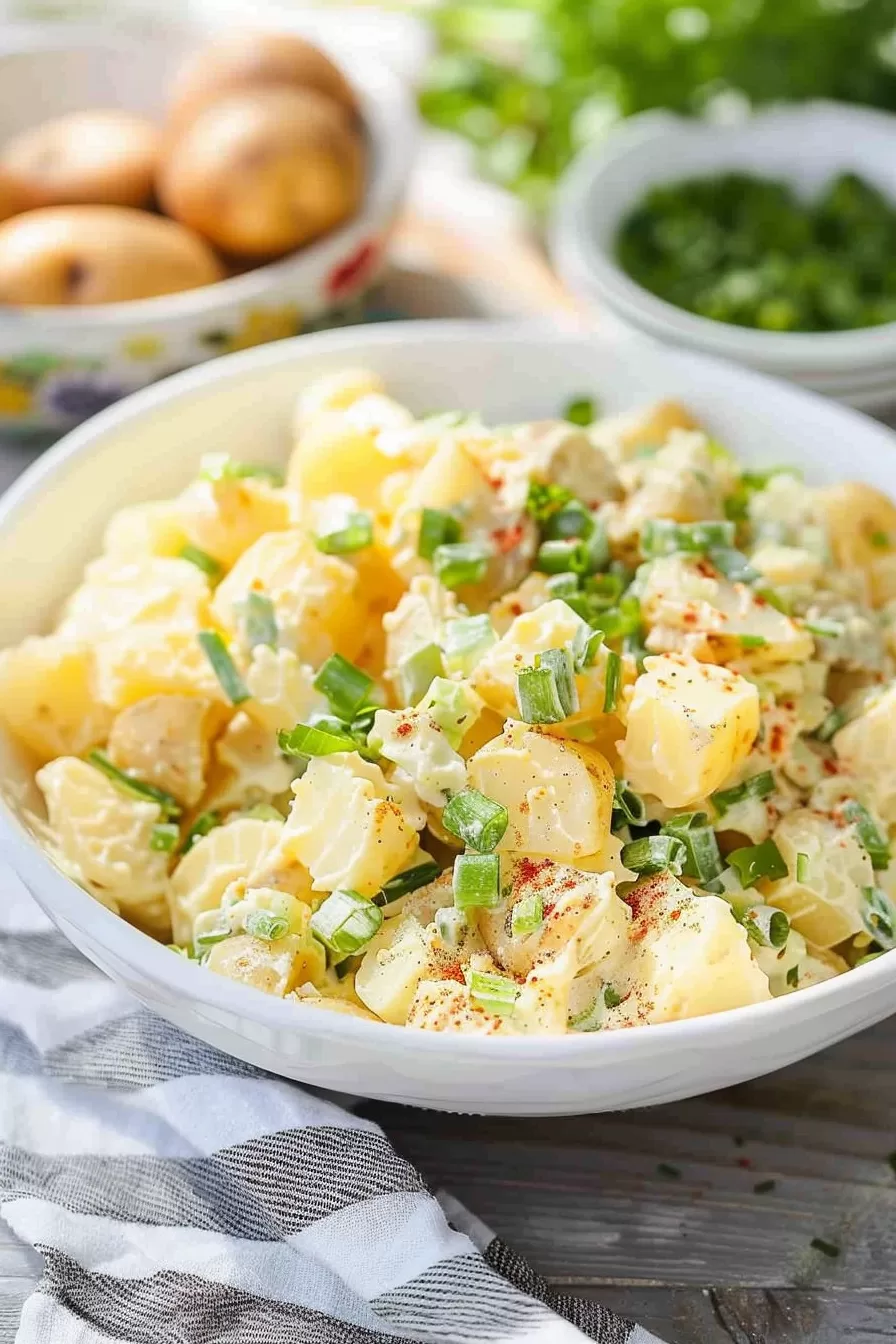 Freshly made Southern potato salad with tender potatoes, chopped scallions, and a light dressing, served in a white ceramic bowl.