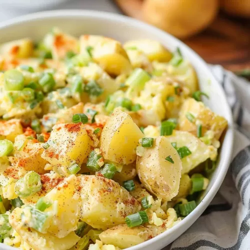 A close-up of creamy potato salad garnished with green onions and a sprinkle of paprika in a white bowl.