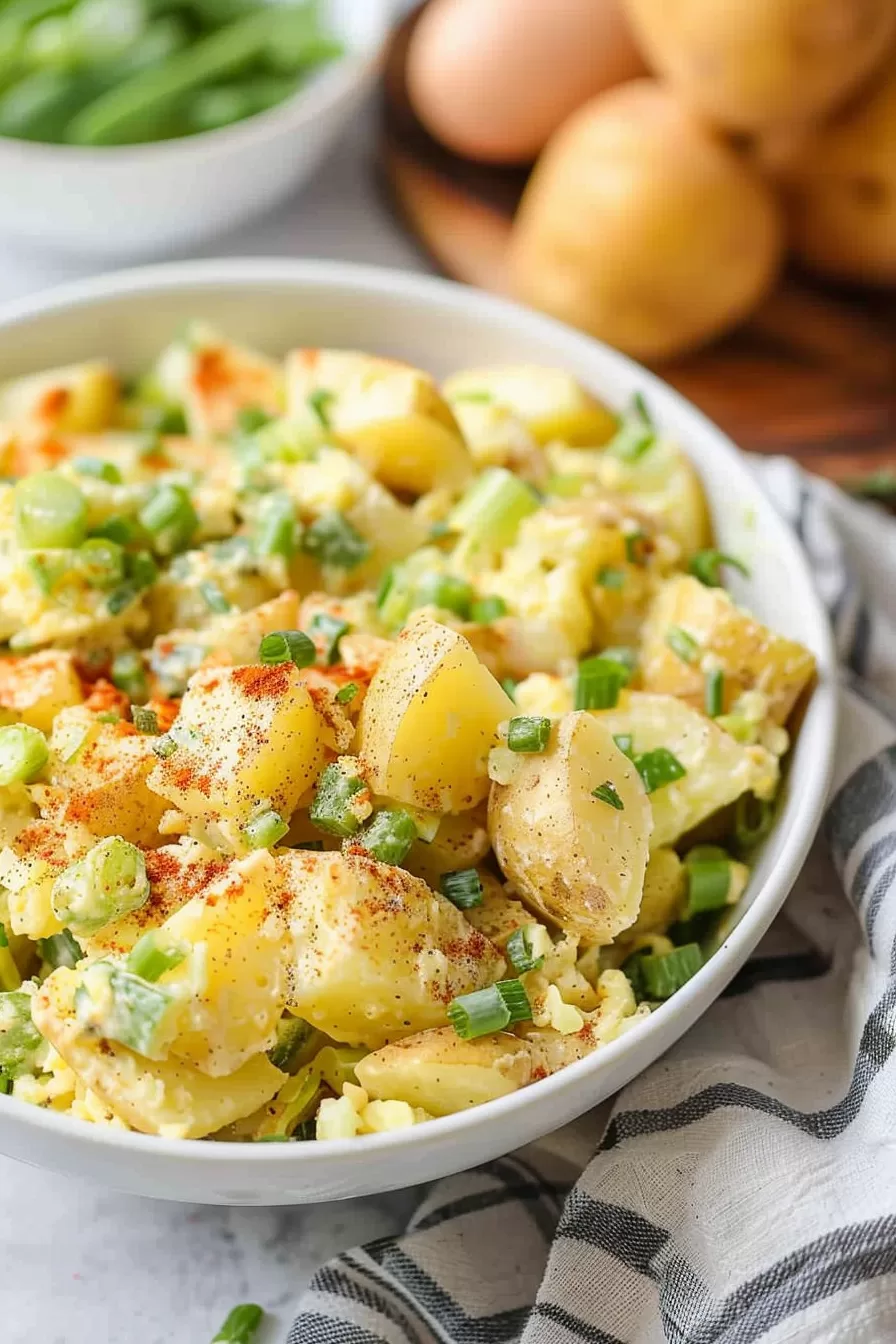 A close-up of creamy potato salad garnished with green onions and a sprinkle of paprika in a white bowl.