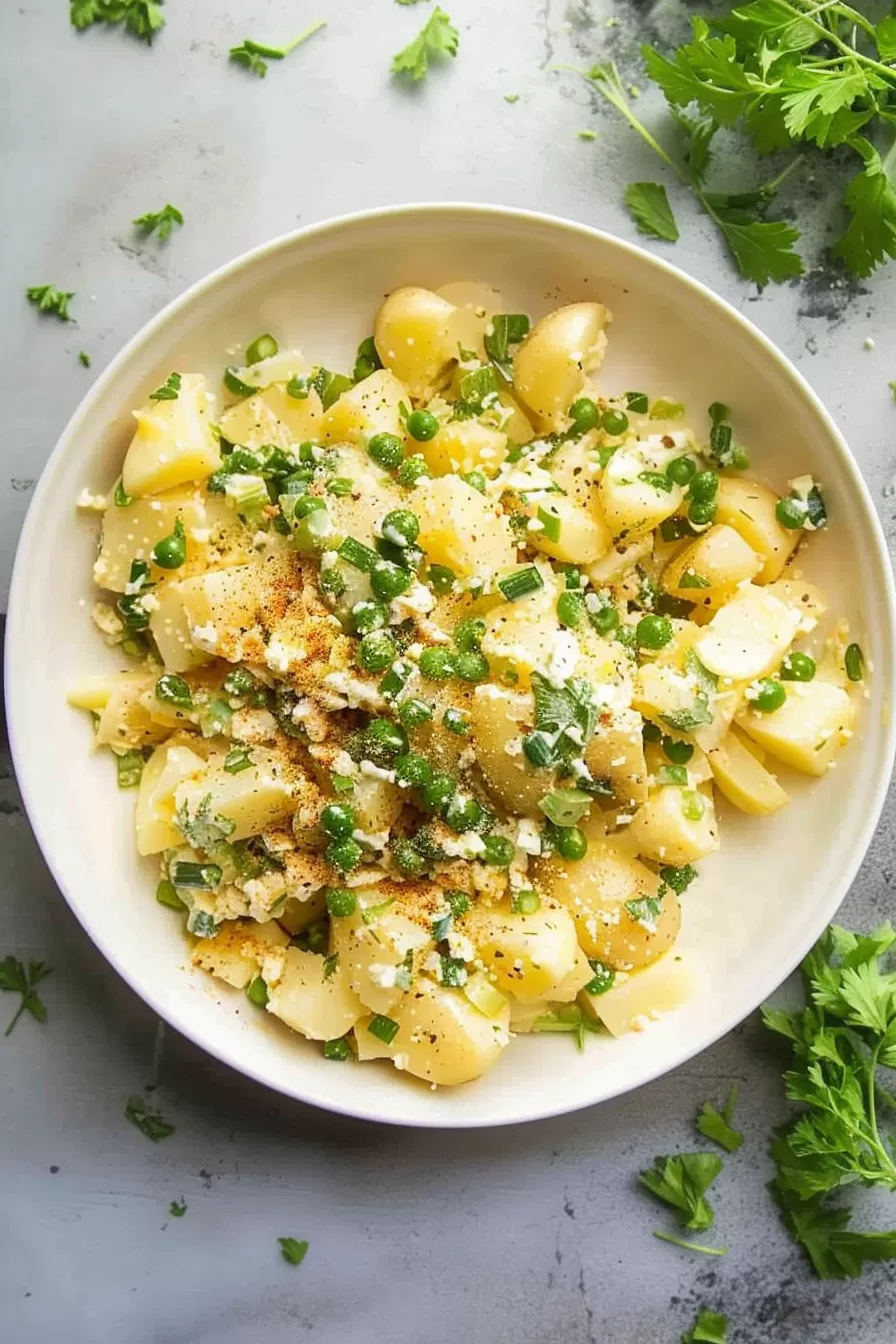 A top-down view of homemade potato salad with a creamy dressing, fresh green onions, and paprika seasoning, ready to serve.