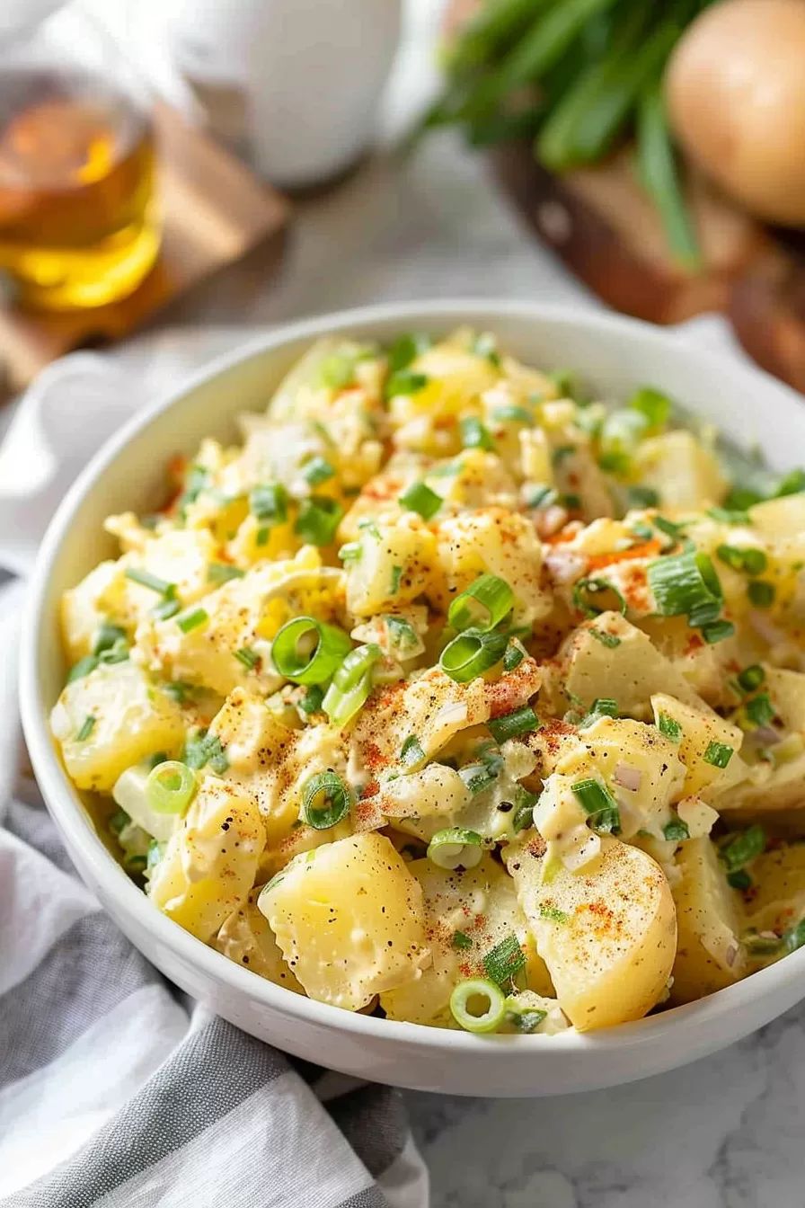 A bowl of classic potato salad featuring boiled potatoes, mayonnaise, eggs, and green onions with a dusting of paprika.