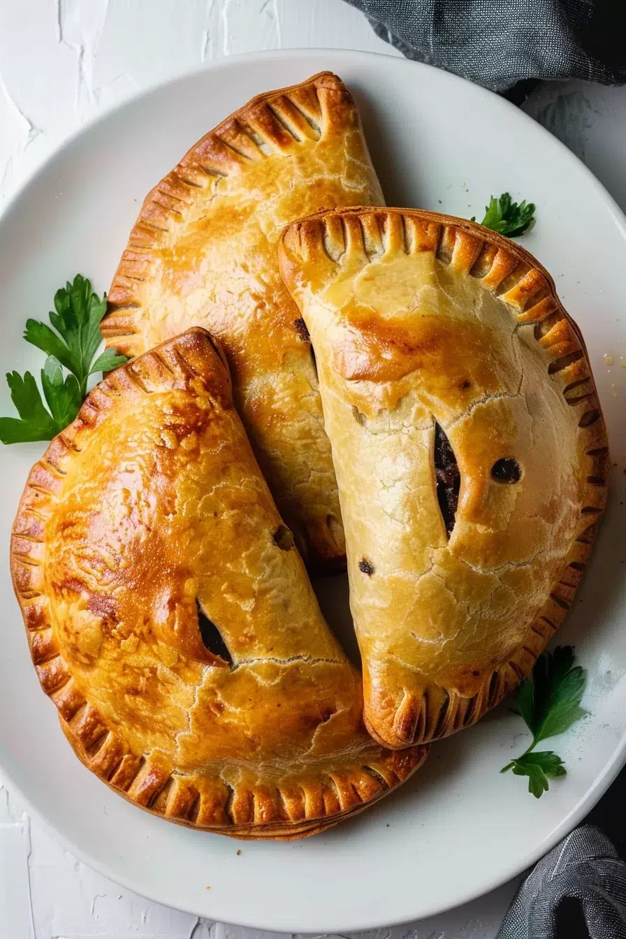 Golden, flaky Cornish pasties arranged on a white plate, garnished with fresh parsley leaves.