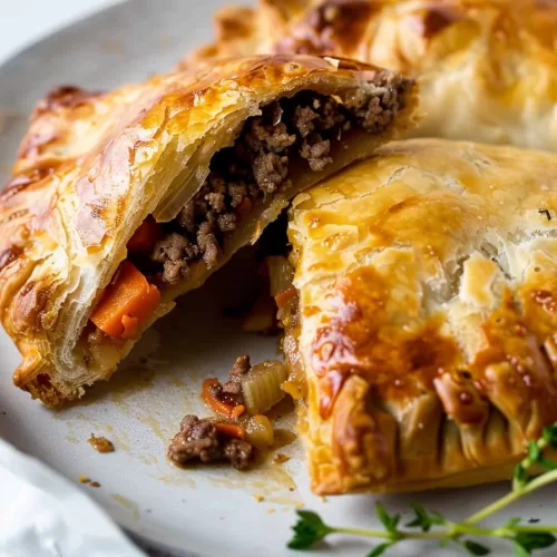 Close-up of a Cornish pasty showing its rich, flaky crust and hearty beef and carrot filling.