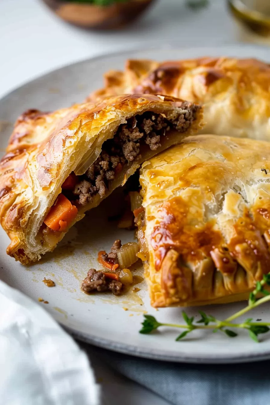 Close-up of a Cornish pasty showing its rich, flaky crust and hearty beef and carrot filling.