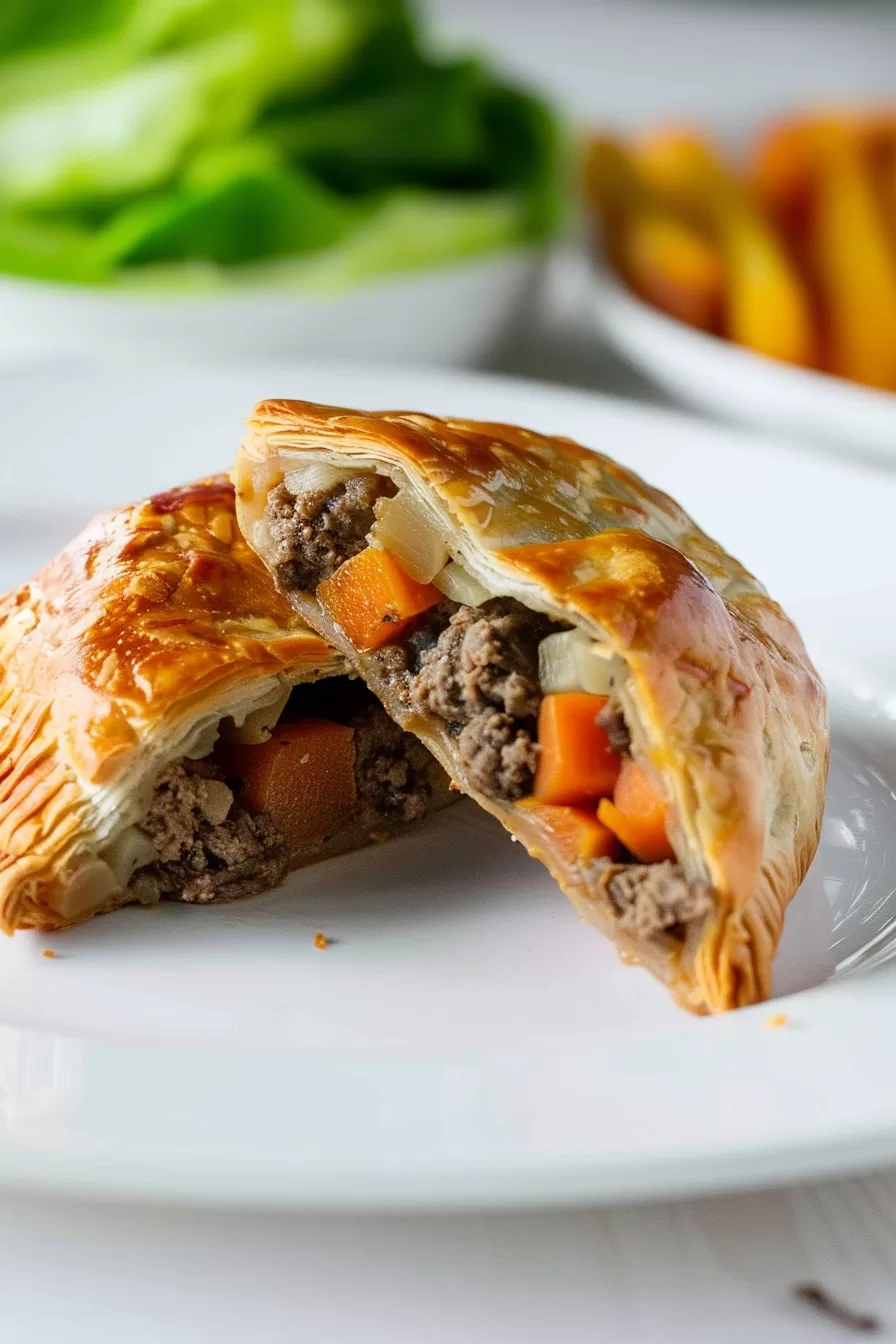 A halved Cornish pasty on a white plate, surrounded by fresh salad greens in the background.