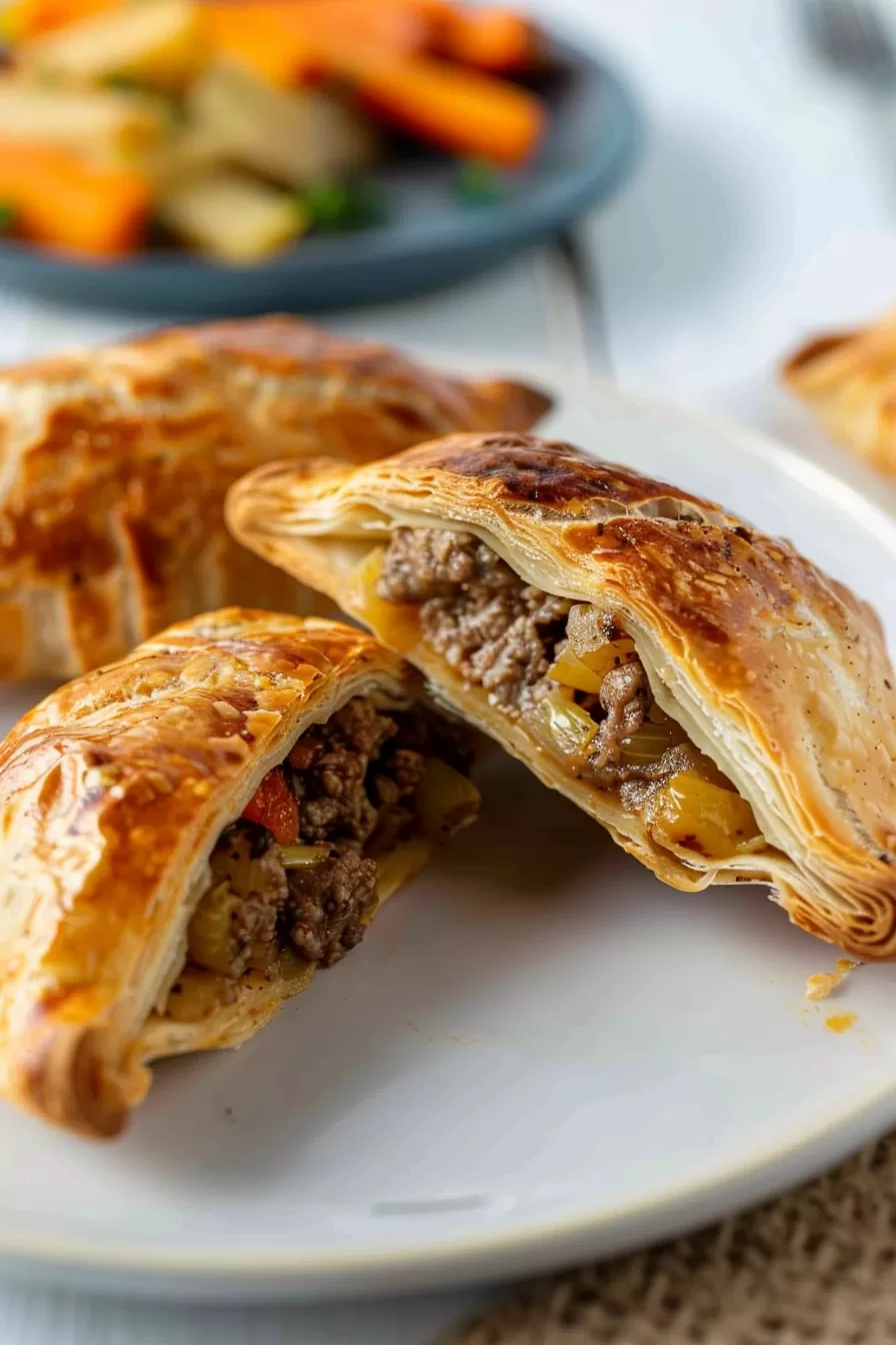 Plated Cornish pasties with their crisp golden crusts, with one showing the beef and vegetable filling inside.