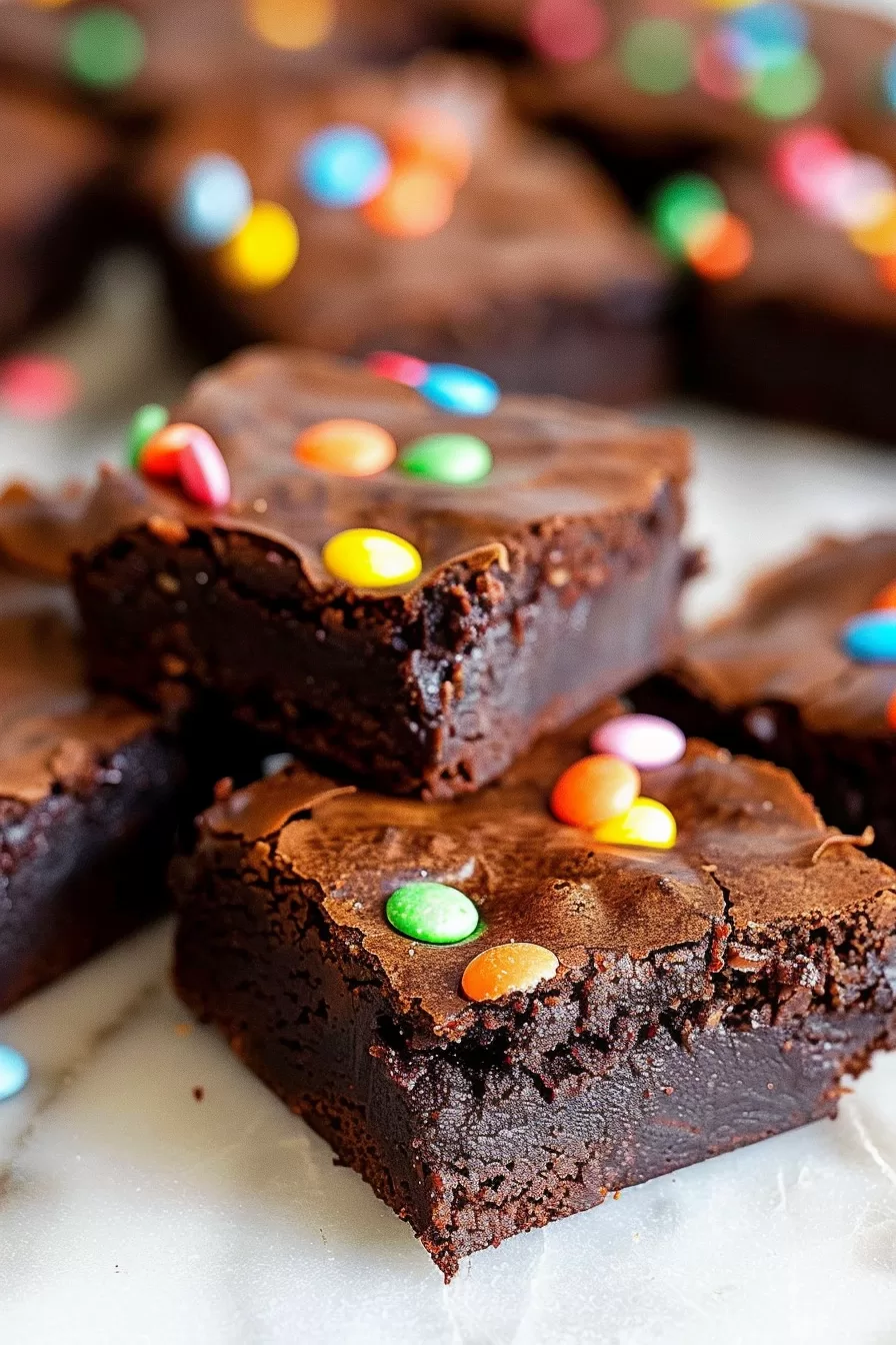 Close-up of homemade cosmic brownies with a crackly chocolate top and vibrant rainbow sprinkles scattered across the surface.