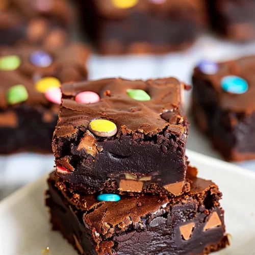 Stacked squares of gooey chocolate brownies with a thick frosting layer and candy-coated chocolates, showing the moist interior.