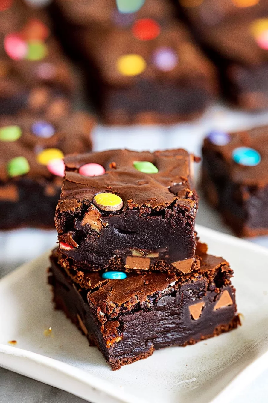 Stacked squares of gooey chocolate brownies with a thick frosting layer and candy-coated chocolates, showing the moist interior.