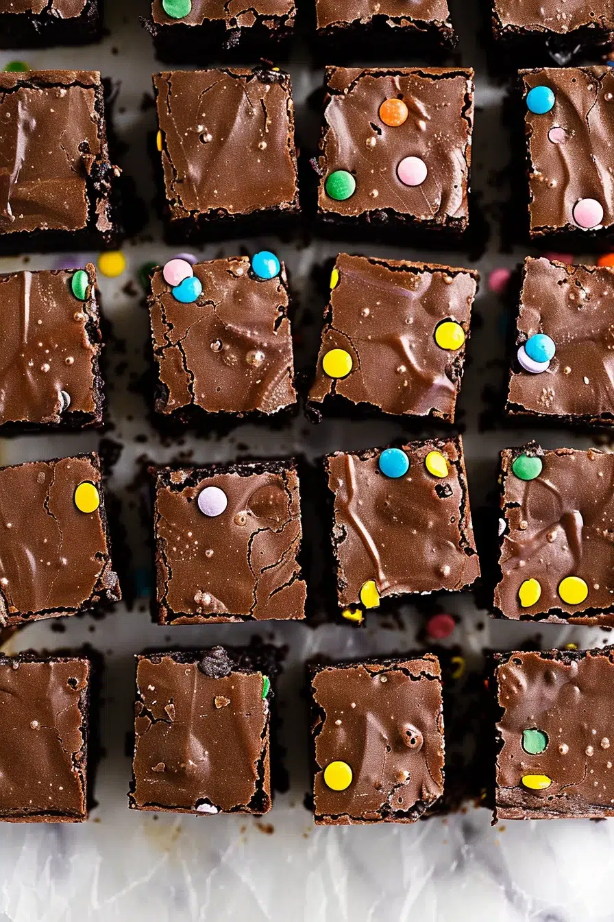 A batch of decadent, double-chocolate brownies with a glossy ganache finish and multicolored candy toppings, perfect for sharing.