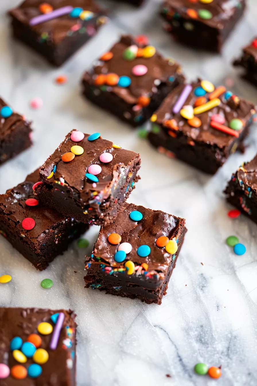 Rich, fudgy brownies topped with a smooth chocolate glaze and colorful candy sprinkles, cut into perfect squares for a party treat.