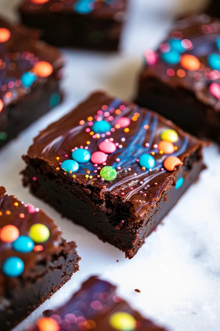 Sliced cosmic brownies arranged on a marble surface, featuring a rich chocolate base and a festive sprinkle topping for a fun dessert.