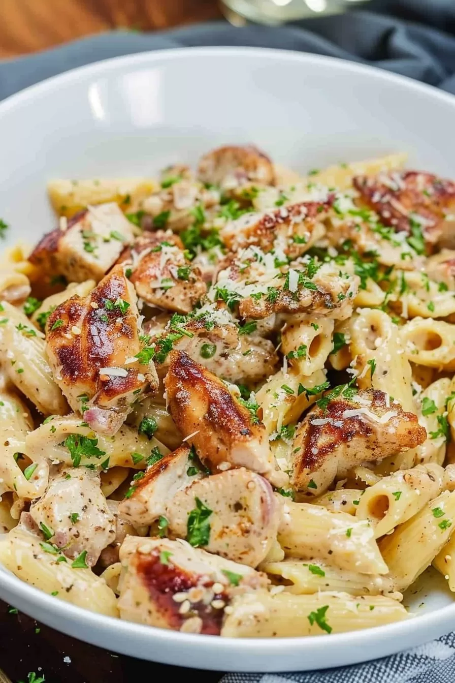 A bowl of pasta with tender chunks of chicken, sausage, and penne in a rich Cajun cream sauce garnished with herbs.