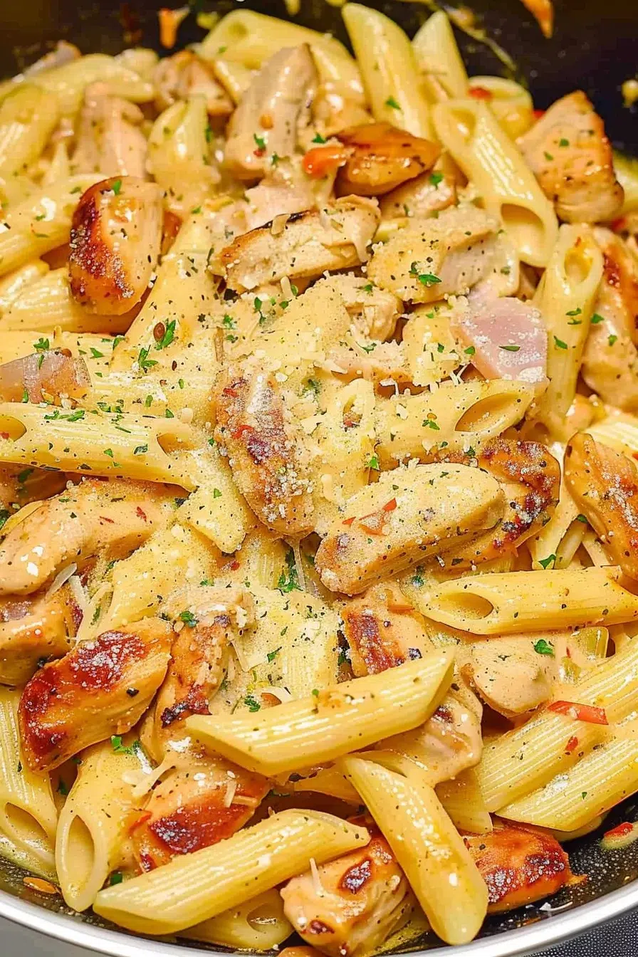 A skillet filled with creamy Cajun pasta, featuring golden seared chicken, smoky sausage slices, and freshly grated cheese.