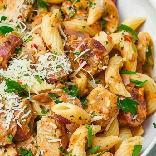 A close-up of creamy pasta coated in Cajun-spiced sauce with grilled chicken and sliced sausage, topped with fresh parsley and parmesan.