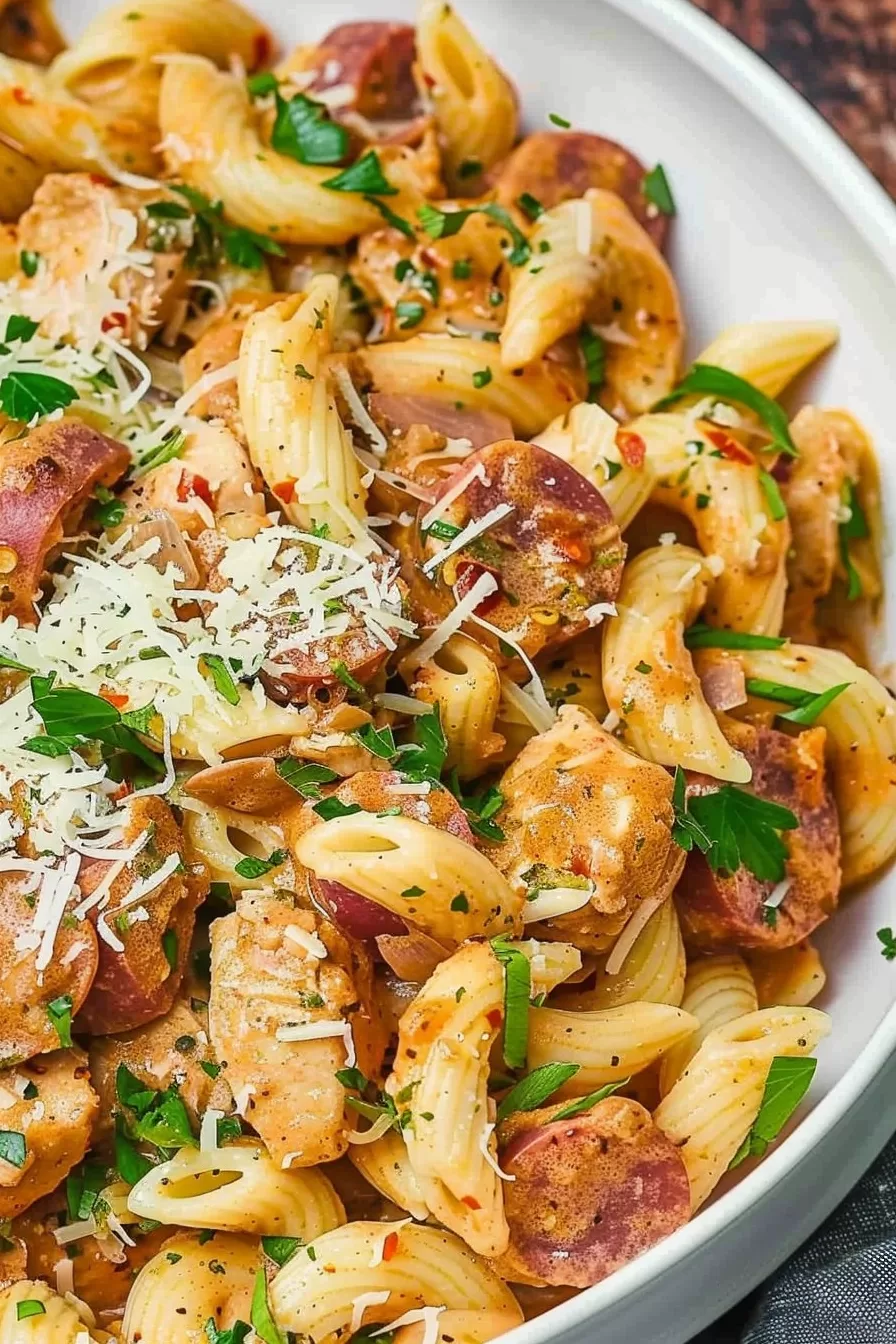 A close-up of creamy pasta coated in Cajun-spiced sauce with grilled chicken and sliced sausage, topped with fresh parsley and parmesan.