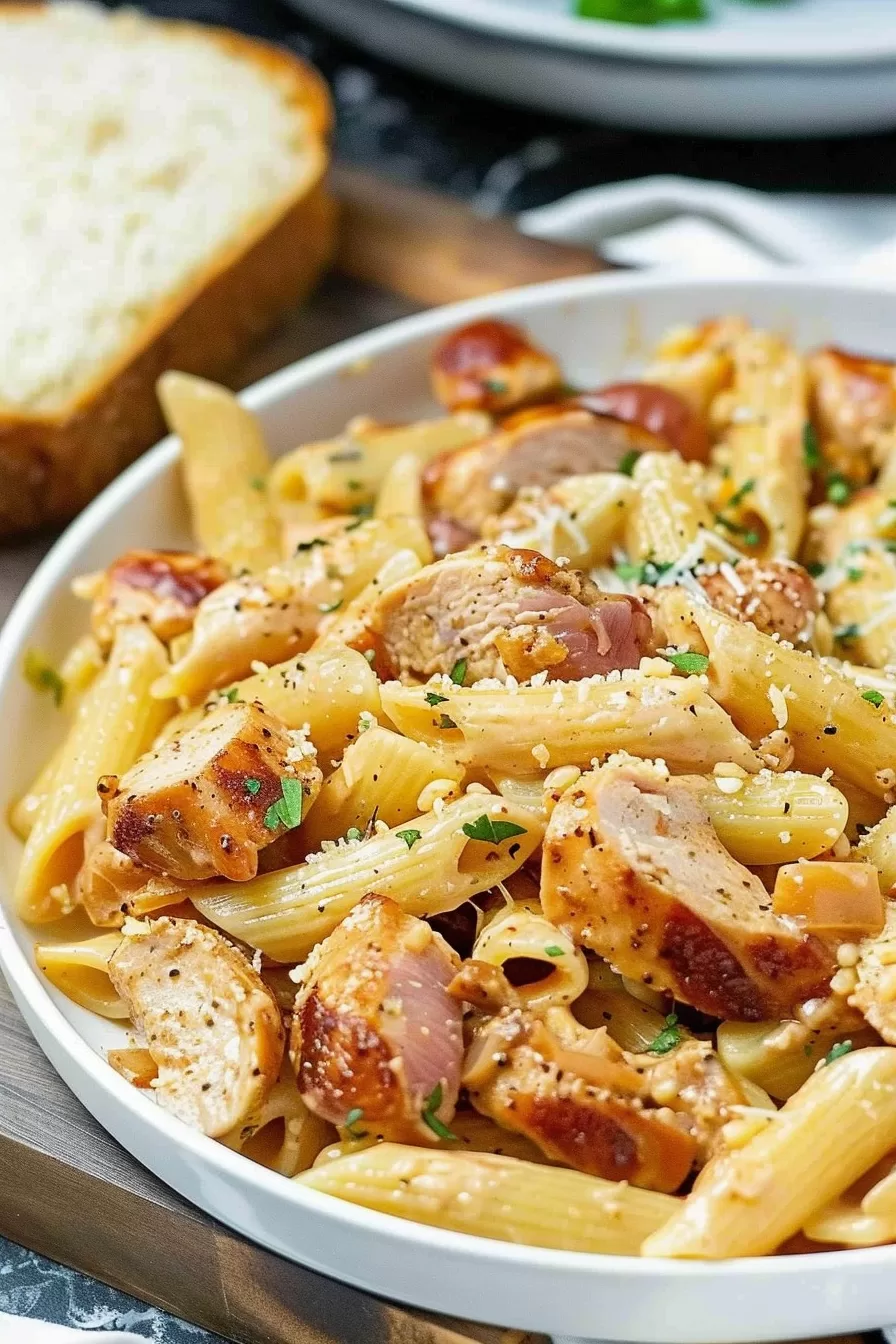 A serving of Cajun chicken and sausage pasta on a white plate, with creamy sauce clinging to the penne and protein pieces, dusted with herbs.