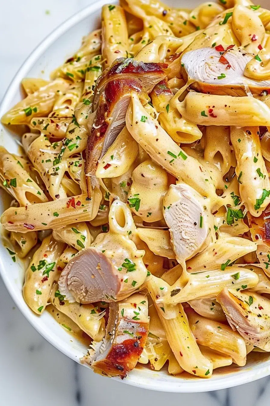 A vibrant dish of pasta with sliced sausage, juicy chicken bites, and a creamy, spiced Cajun sauce, garnished with fresh parsley and chili flakes.