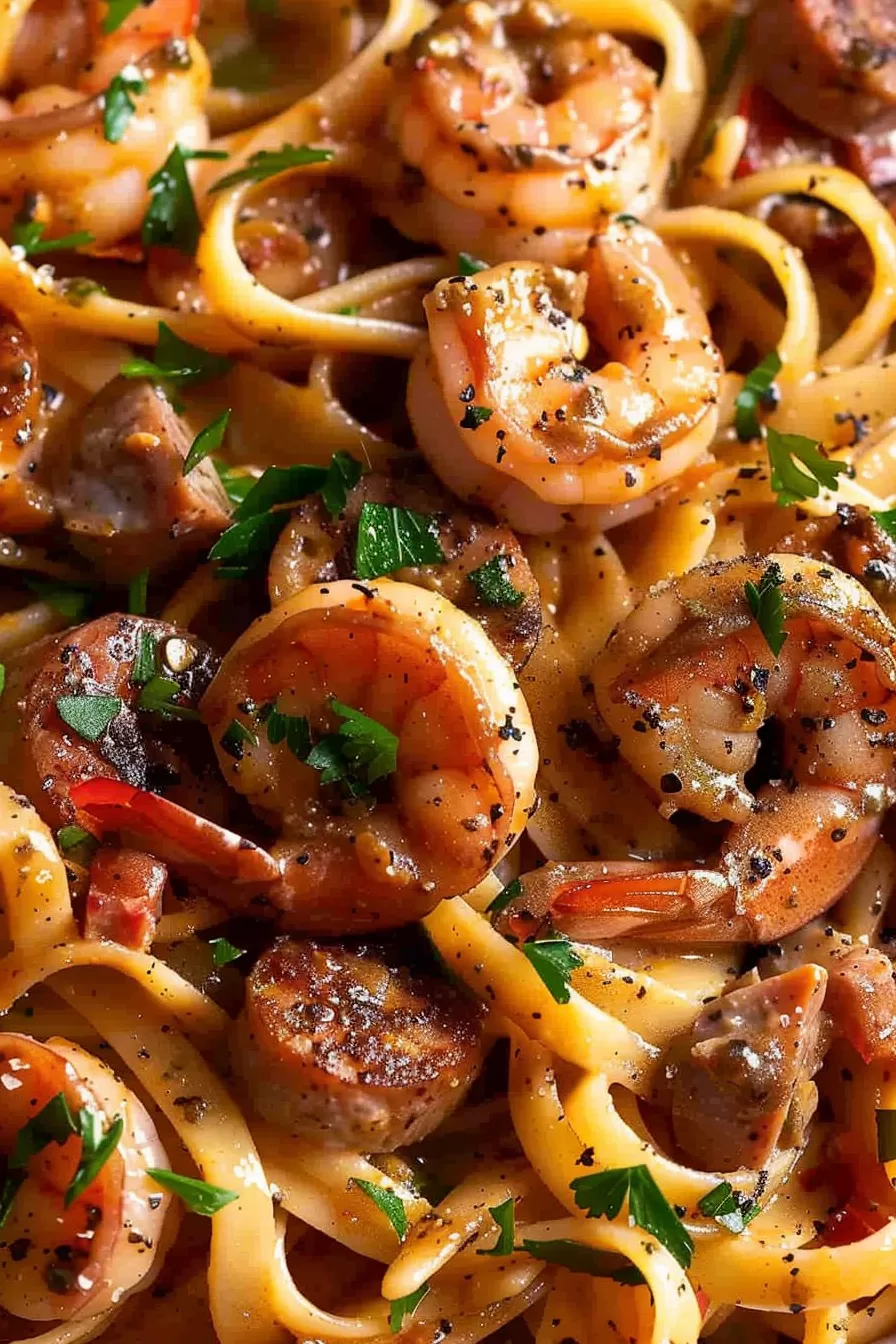 Close-up of shrimp and sausage pasta garnished with parsley, coated in a creamy Cajun sauce with fettuccine noodles.