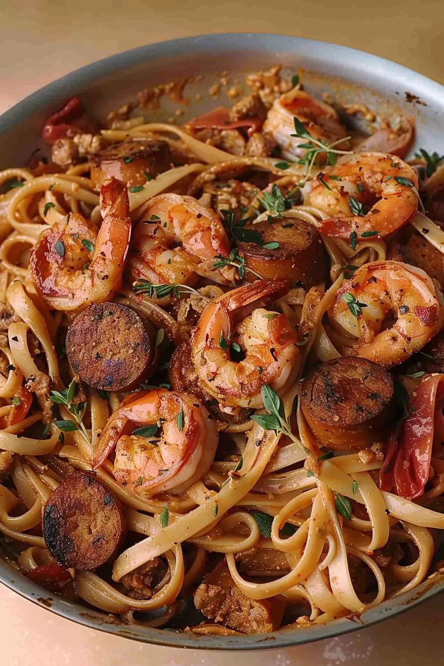 A skillet filled with Cajun shrimp pasta, featuring plump shrimp, sliced sausage, and a rich, creamy sauce.