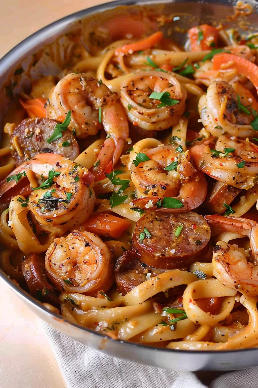 A serving of creamy Cajun shrimp pasta, with seared sausage slices, fettuccine, and a light sprinkle of fresh herbs.