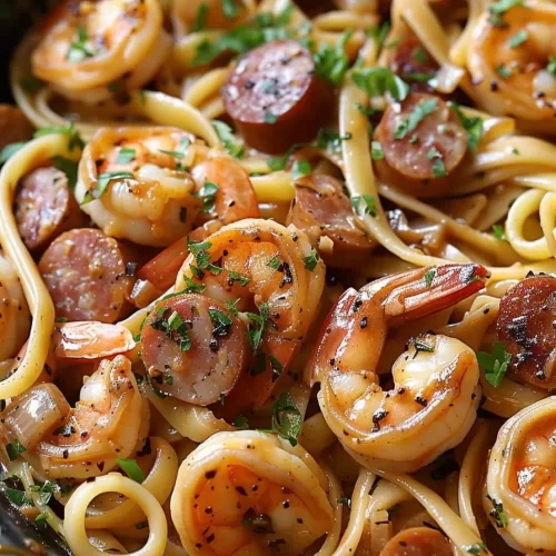 A bowl of creamy Cajun shrimp pasta with perfectly cooked shrimp, spicy sausage, and fresh herbs on a bed of fettuccine.