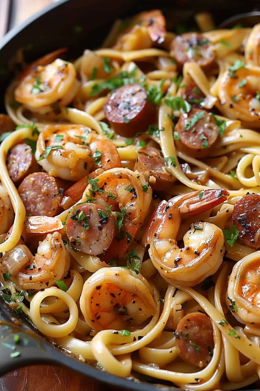 A bowl of creamy Cajun shrimp pasta with perfectly cooked shrimp, spicy sausage, and fresh herbs on a bed of fettuccine.