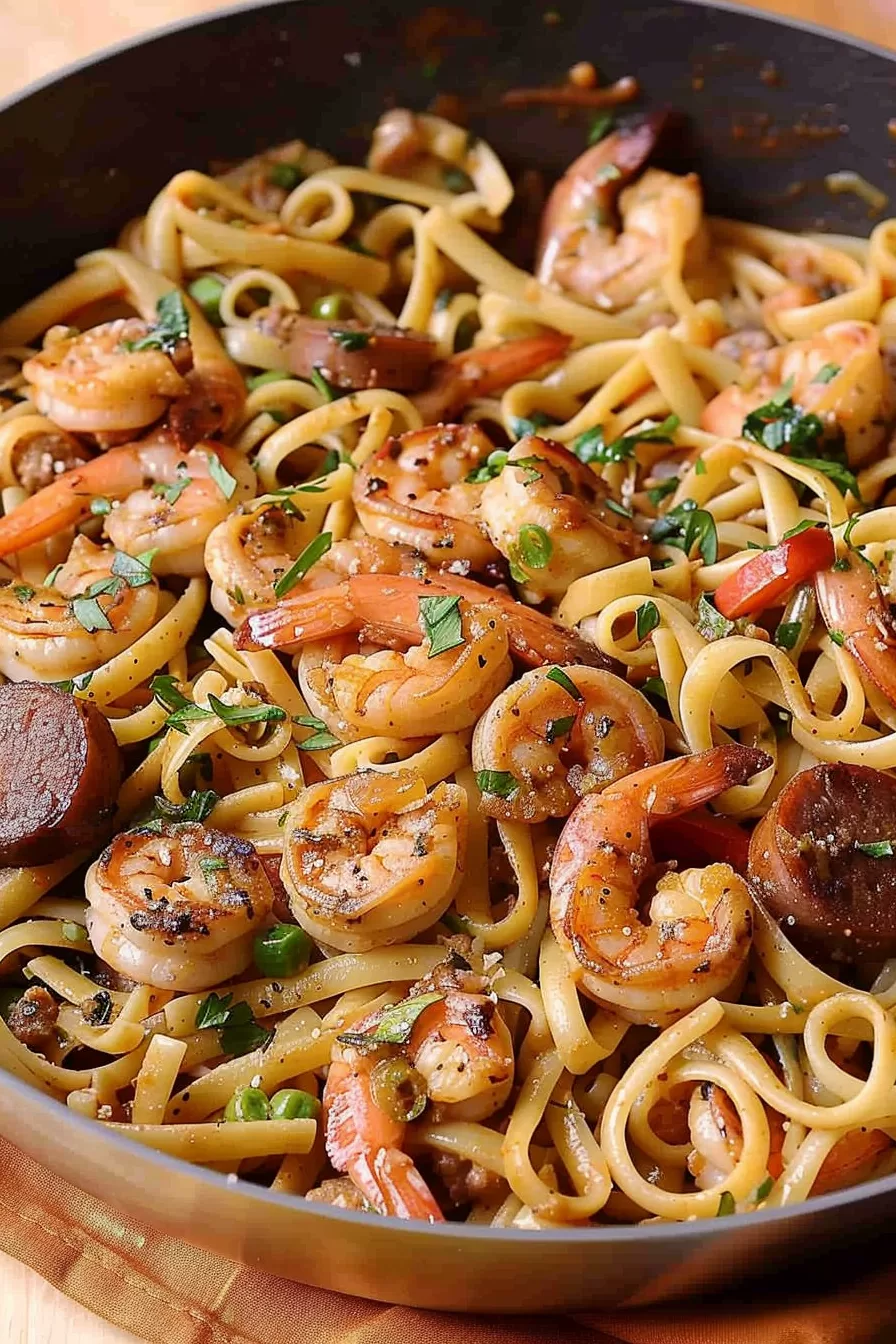 Creamy shrimp and sausage pasta with a Cajun twist, served hot in a skillet with visible seasoning and herbs.