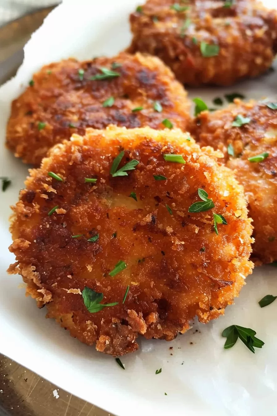 Close-up of golden brown chicken fritters with a crispy, breaded exterior, garnished with fresh herbs on a white plate.