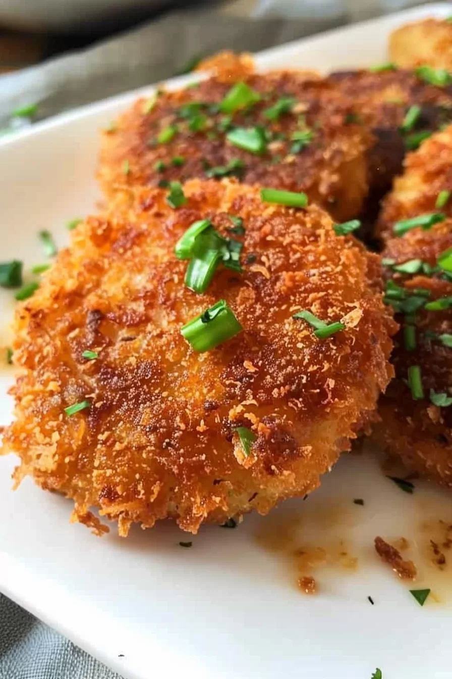 A plate of golden brown chicken fritters with a crunchy breadcrumb coating, sprinkled with fresh parsley.