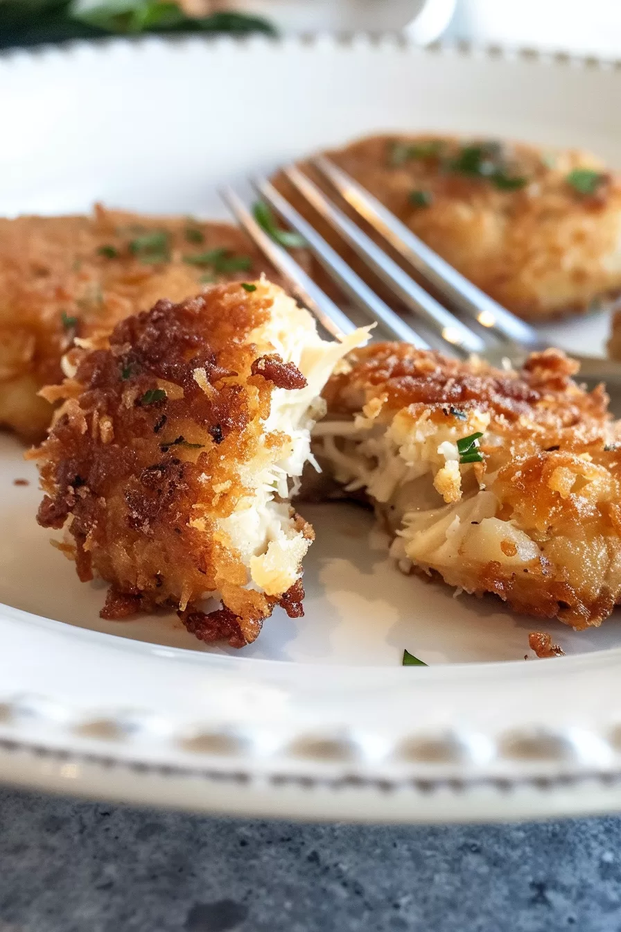 A broken-open chicken fritter revealing the tender, shredded chicken inside, with a crispy crust on a white plate.