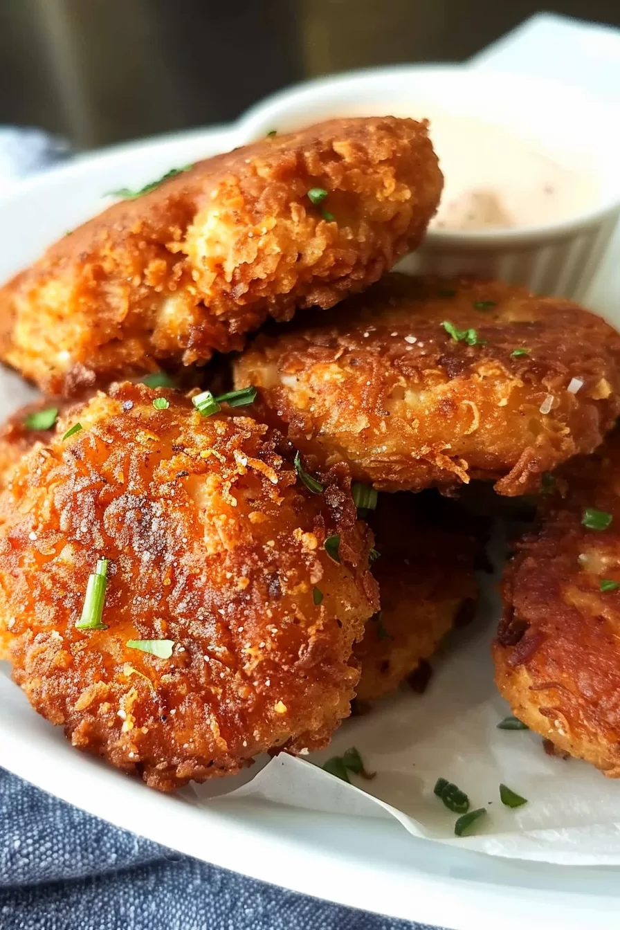 Crispy chicken fritters served on a plate, topped with chopped chives and paired with a creamy dipping sauce in the background.