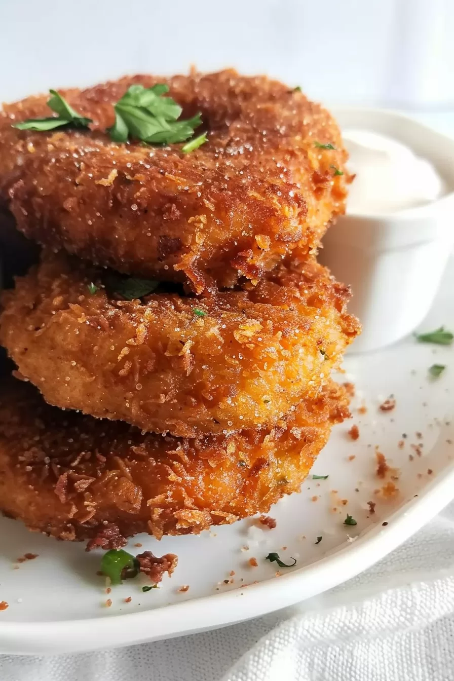 A stack of crispy chicken fritters on a white plate, showing the crunchy, golden coating with a side of dipping sauce.