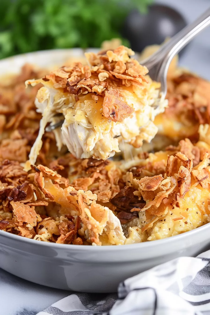 Close-up of a spoonful of creamy chicken casserole topped with crispy fried onions and cheese.