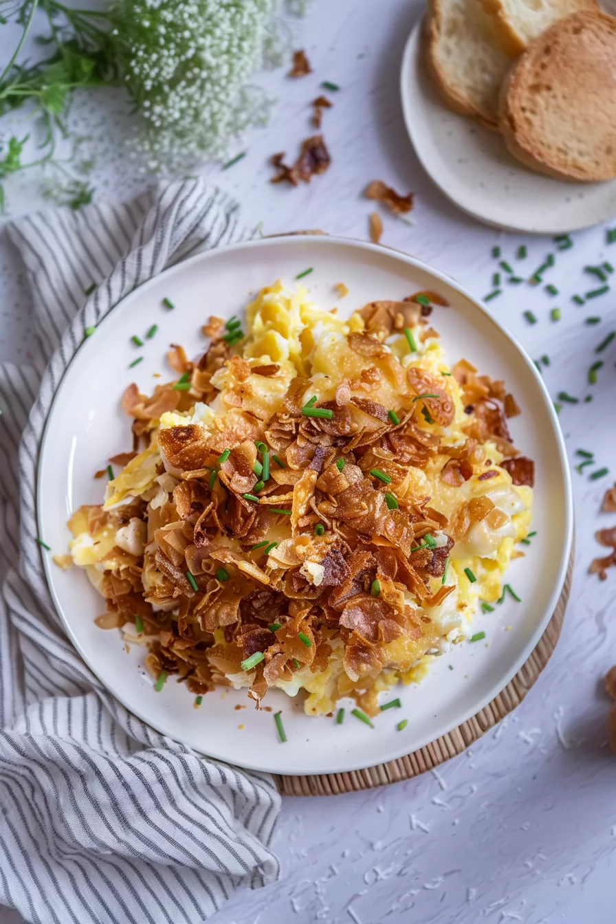 Casserole dish fresh from the oven, showing a golden and crispy topping over creamy chicken and noodles.