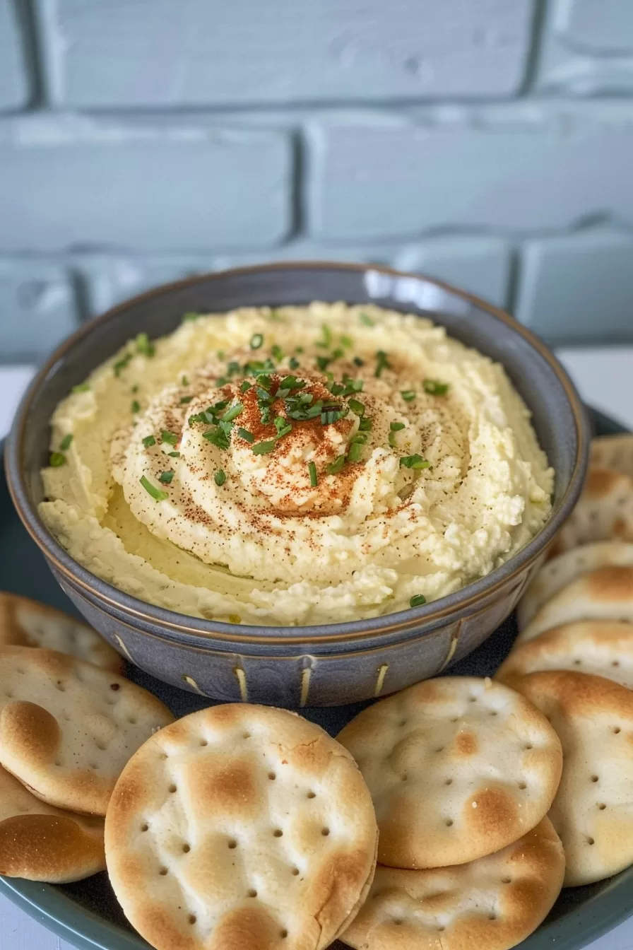 A bowl of deviled egg dip with a swirl of paprika and chopped chives, served on a wooden platter with square crackers.