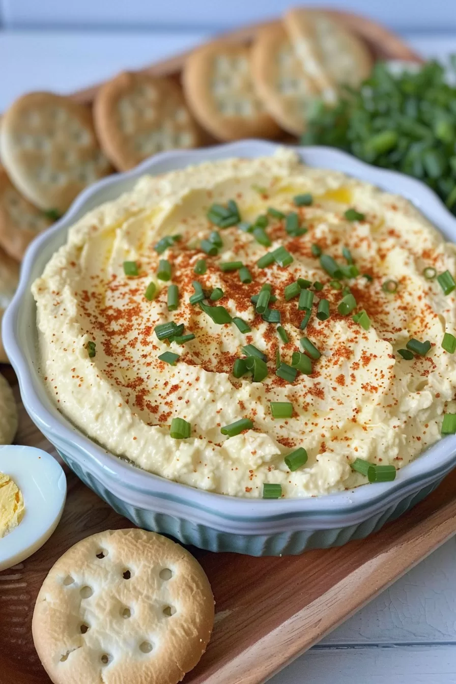 Close-up of a rich and creamy deviled egg dip with a drizzle of oil, paprika, and green onions, served with crackers.