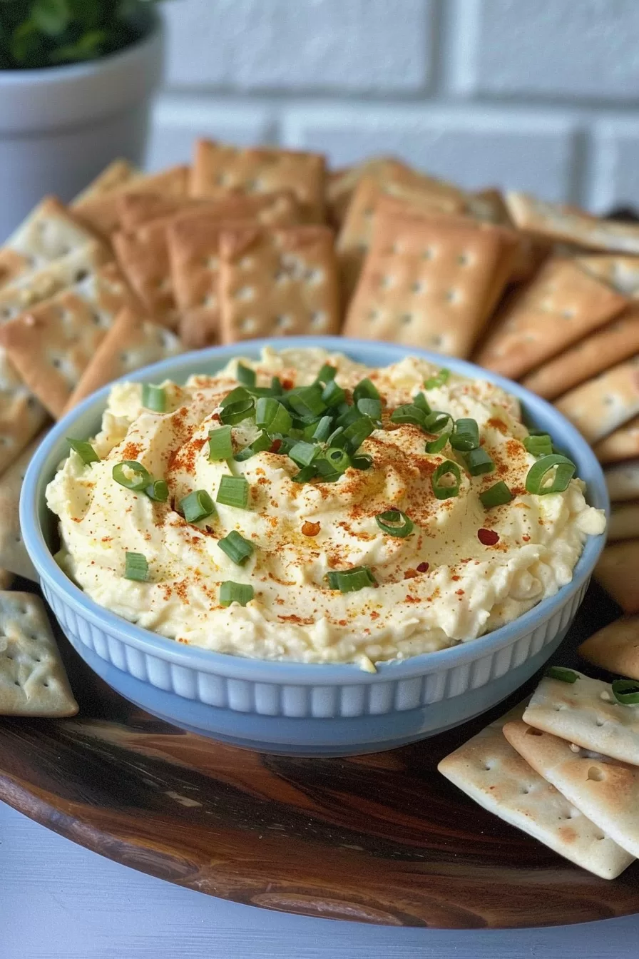 Smooth and fluffy deviled eggs dip garnished with paprika and chives, surrounded by golden crackers for dipping.