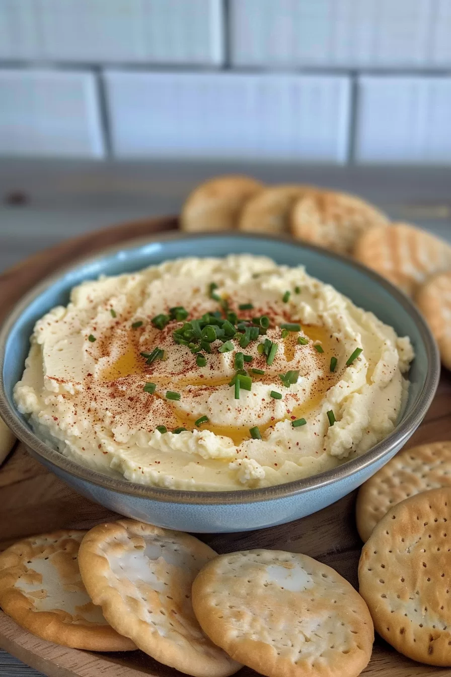 A creamy deviled egg dip topped with paprika and chopped green onions, served with round crackers on a blue plate.