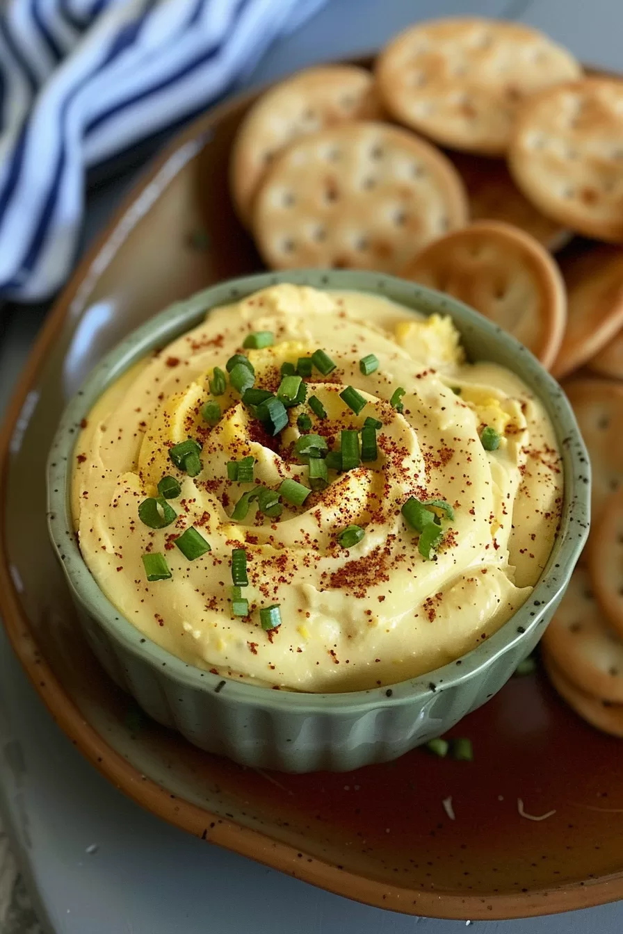 A festive deviled egg dip with vibrant paprika and chives in a ceramic bowl, paired with round crackers for a party spread.