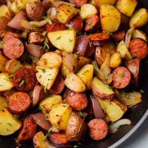 Fried Potatoes Onions and Smoked Polish Sausage