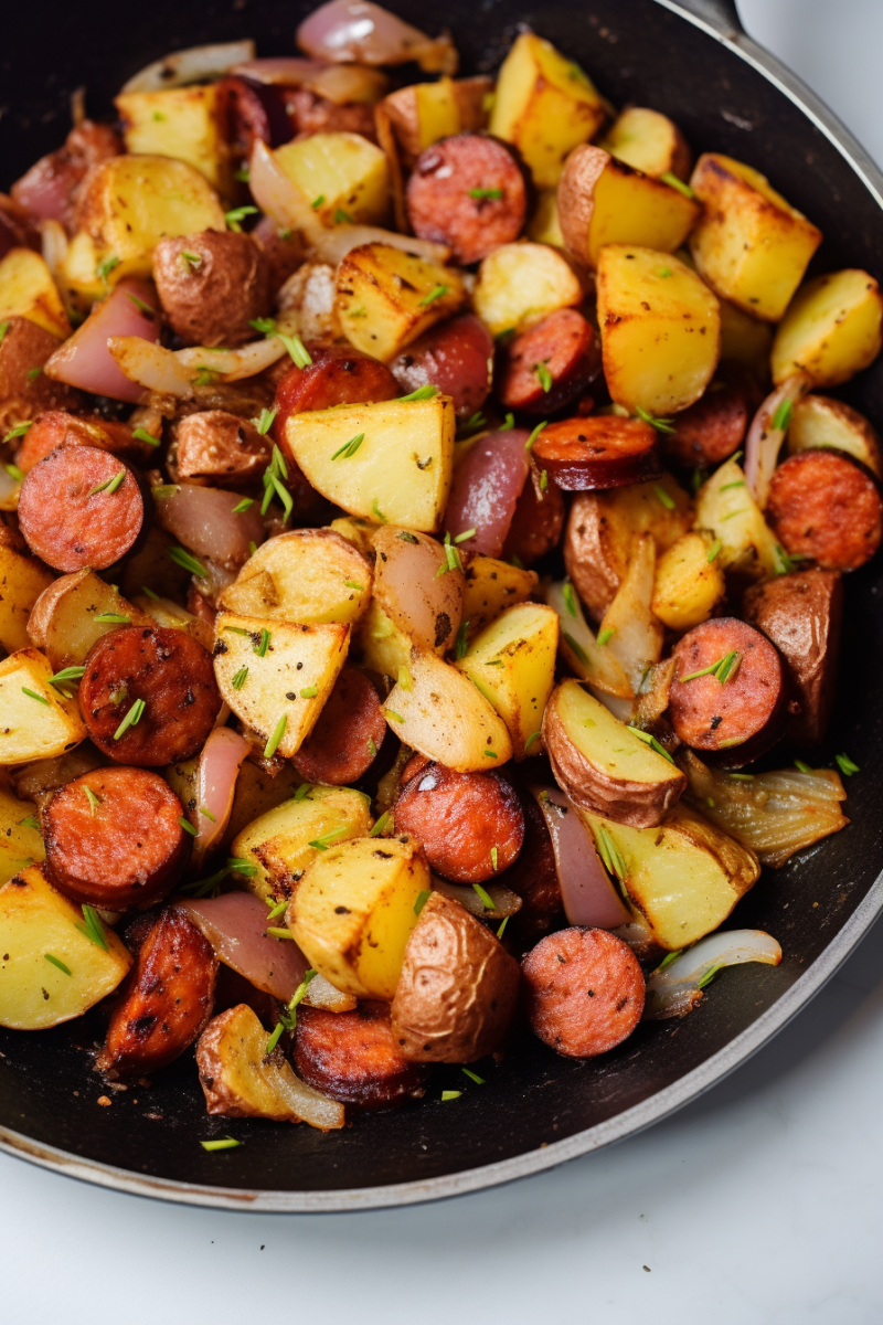 Fried Potatoes Onions and Smoked Polish Sausage