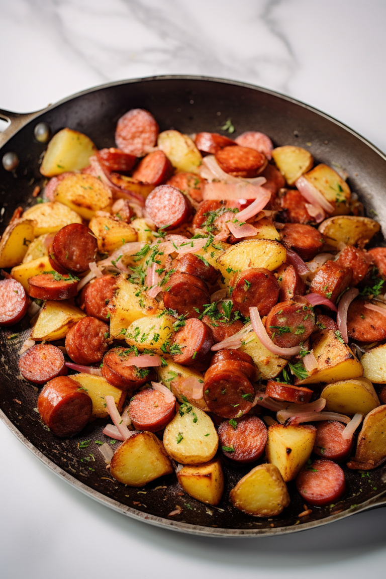 Fried Potatoes Onions and Smoked Polish Sausage