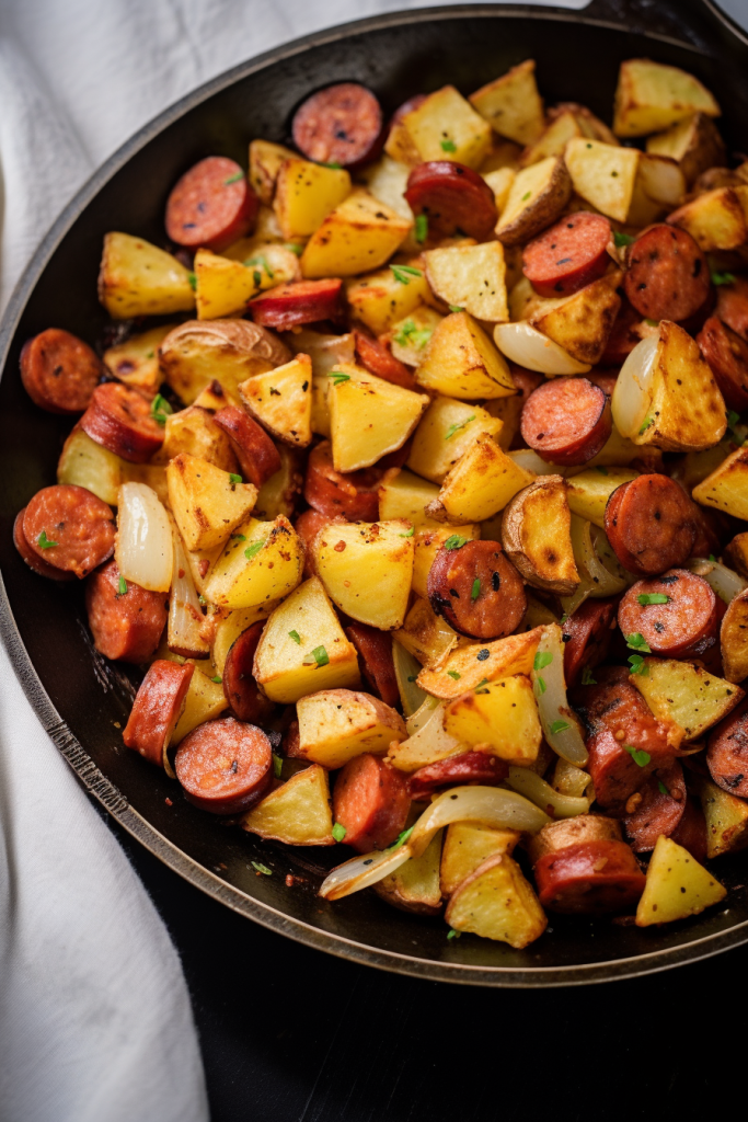 Fried Potatoes Onions and Smoked Polish Sausage