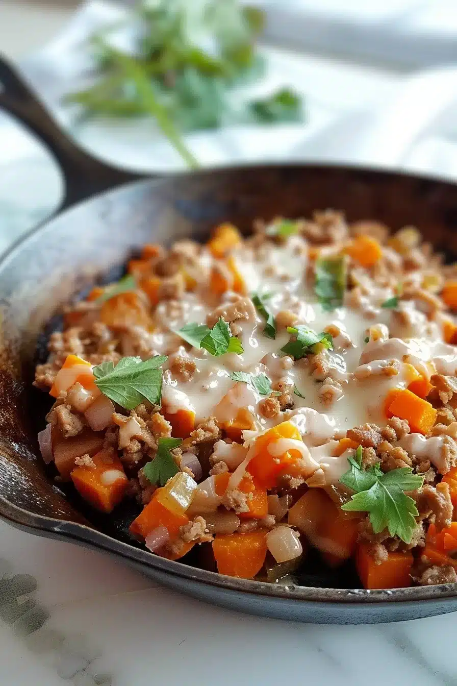 Close-up shot of a colorful skillet filled with ground turkey, sweet potatoes, and melted cheese, garnished with fresh parsley.