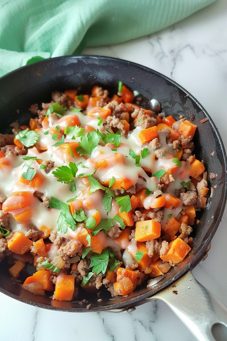 Top view of a cast iron skillet containing a hearty mix of ground turkey, diced sweet potatoes, and vegetables, topped with gooey melted cheese.