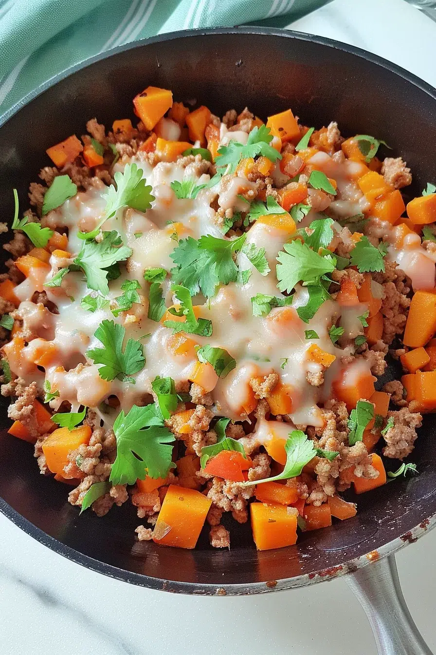 Ground turkey and sweet potato skillet served hot, with bright orange sweet potatoes, browned turkey, and a creamy cheese drizzle.