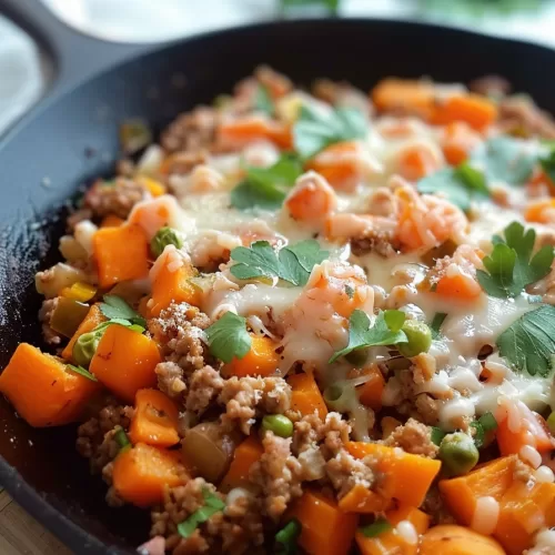 Savory ground turkey and roasted sweet potato dish in a black skillet, finished with fresh herbs and melted cheese.